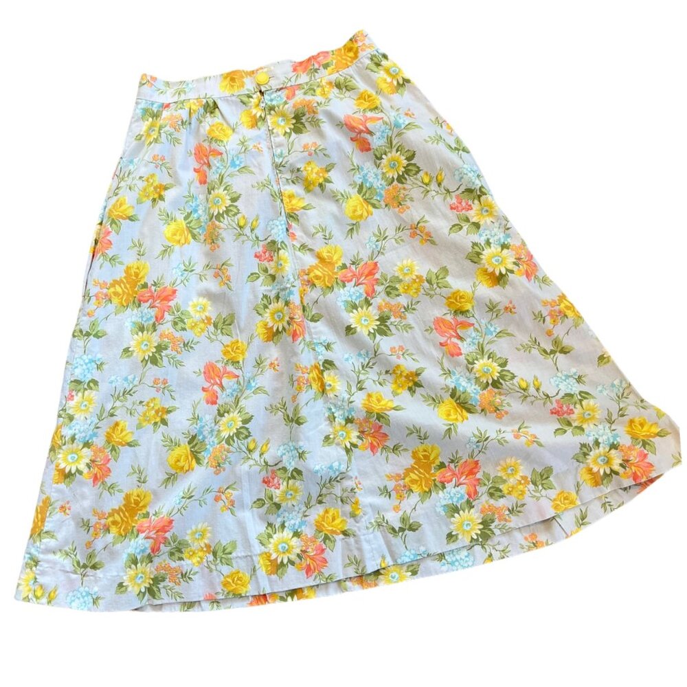 Vintage Bold Novelty Floral Print Pillowcase Midi Skirt Pockets XS